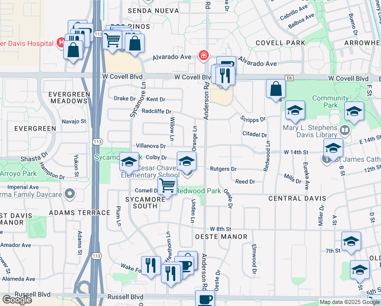 map of restaurants, bars, coffee shops, grocery stores, and more near 710 Villanova Drive in Davis