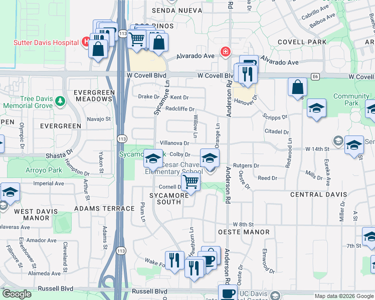 map of restaurants, bars, coffee shops, grocery stores, and more near 1100 Villanova Drive in Davis