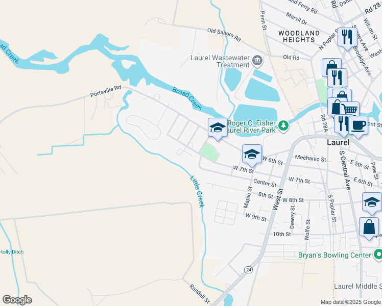 map of restaurants, bars, coffee shops, grocery stores, and more near 607 West 7th Street in Laurel