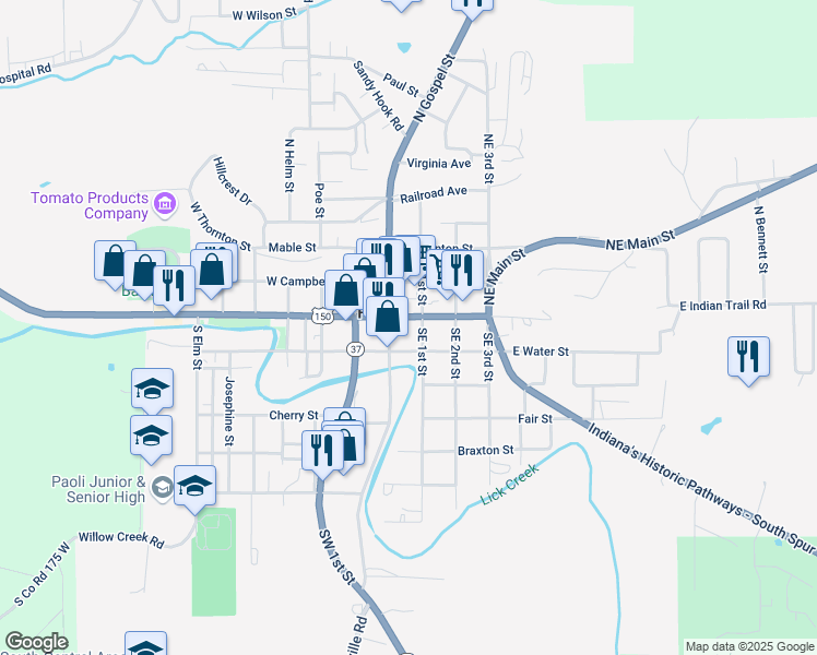 map of restaurants, bars, coffee shops, grocery stores, and more near 107 East Main Street in Paoli