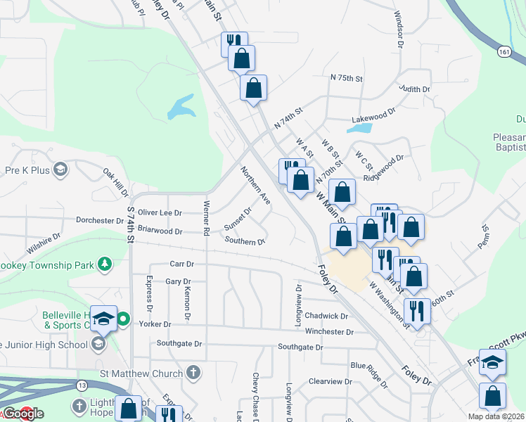 map of restaurants, bars, coffee shops, grocery stores, and more near 208 Sunset Drive in Belleville