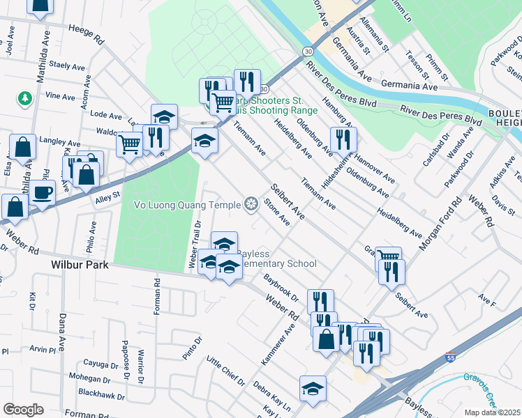 map of restaurants, bars, coffee shops, grocery stores, and more near 4757 Heege Road in St. Louis