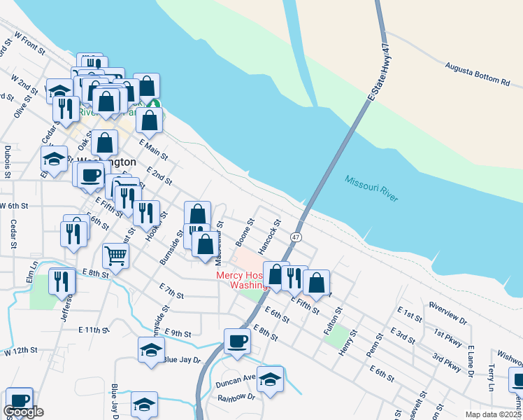 map of restaurants, bars, coffee shops, grocery stores, and more near 702 Missouri Avenue in Washington