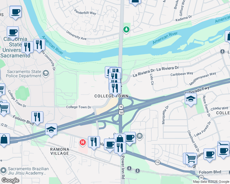 map of restaurants, bars, coffee shops, grocery stores, and more near 7901 College Town Dr in Sacramento