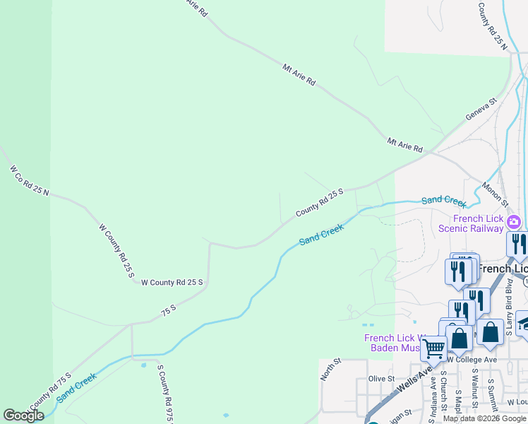 map of restaurants, bars, coffee shops, grocery stores, and more near 9228 County Road 25 South in French Lick