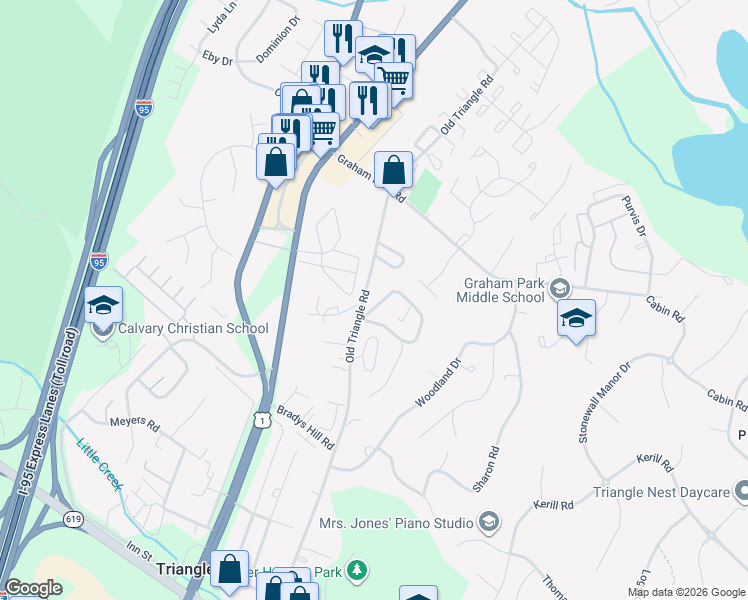 map of restaurants, bars, coffee shops, grocery stores, and more near 17991 Old Triangle Road in Triangle