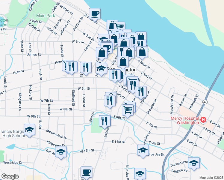map of restaurants, bars, coffee shops, grocery stores, and more near 10 West 6th Street in Washington