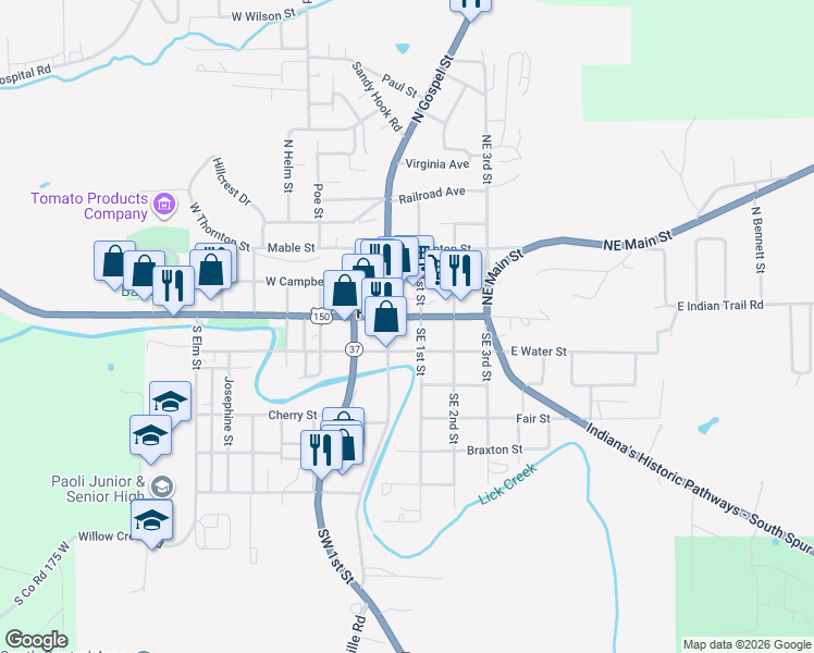 map of restaurants, bars, coffee shops, grocery stores, and more near 107 East Main Street in Paoli