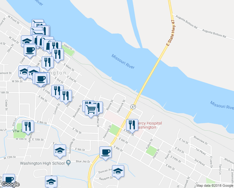 map of restaurants, bars, coffee shops, grocery stores, and more near 702 Missouri Avenue in Washington
