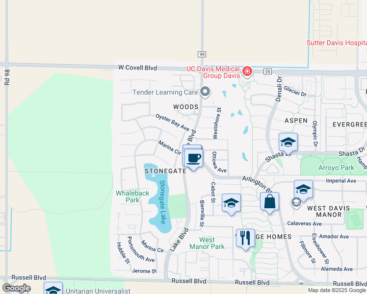 map of restaurants, bars, coffee shops, grocery stores, and more near 1411 Lake Boulevard in Davis