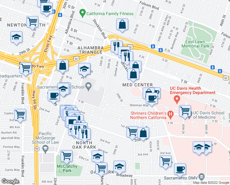 map of restaurants, bars, coffee shops, grocery stores, and more near 2308 39th Street in Sacramento