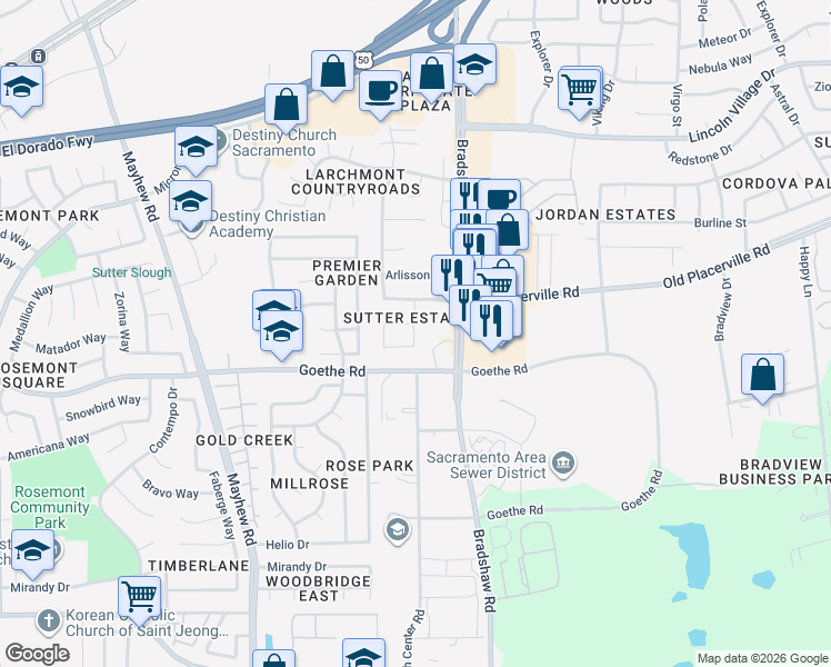 map of restaurants, bars, coffee shops, grocery stores, and more near 3616 Sutterwoods Way in Sacramento