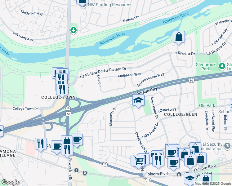 map of restaurants, bars, coffee shops, grocery stores, and more near 102 Lido Circle in Sacramento
