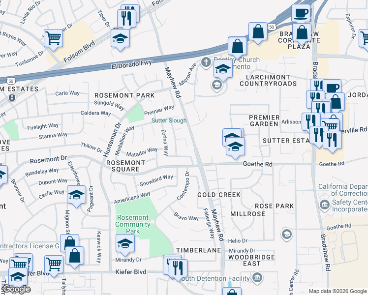 map of restaurants, bars, coffee shops, grocery stores, and more near 9440 Fire King Court in Sacramento