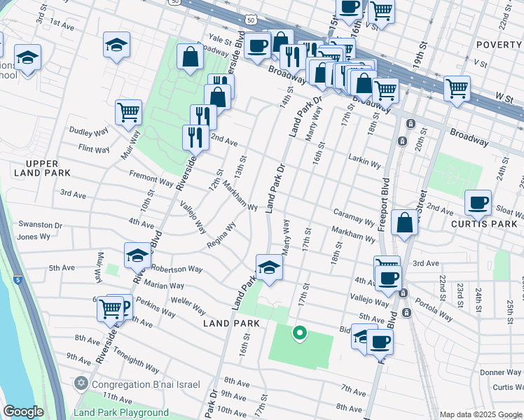 map of restaurants, bars, coffee shops, grocery stores, and more near 2768 Land Park Drive in Sacramento