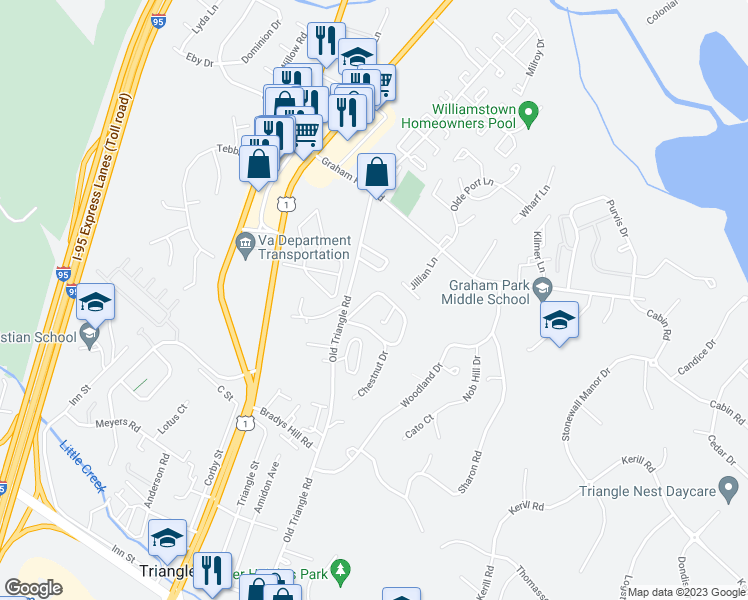 map of restaurants, bars, coffee shops, grocery stores, and more near 3924 Oakdale Circle in Triangle