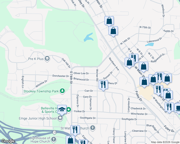 map of restaurants, bars, coffee shops, grocery stores, and more near 317 Oliver Lee Drive in Belleville