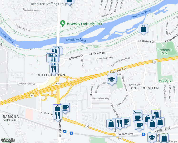 map of restaurants, bars, coffee shops, grocery stores, and more near 76 Lido Circle in Sacramento