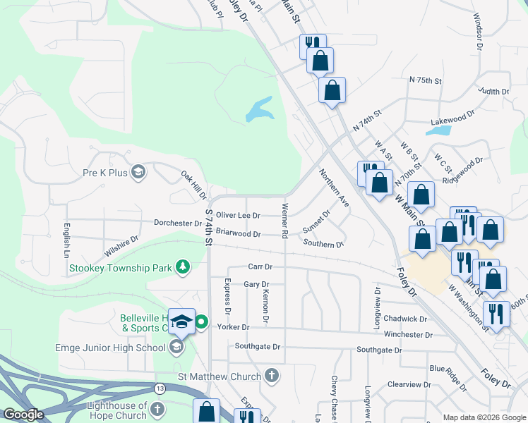 map of restaurants, bars, coffee shops, grocery stores, and more near 317 Oliver Lee Drive in Belleville