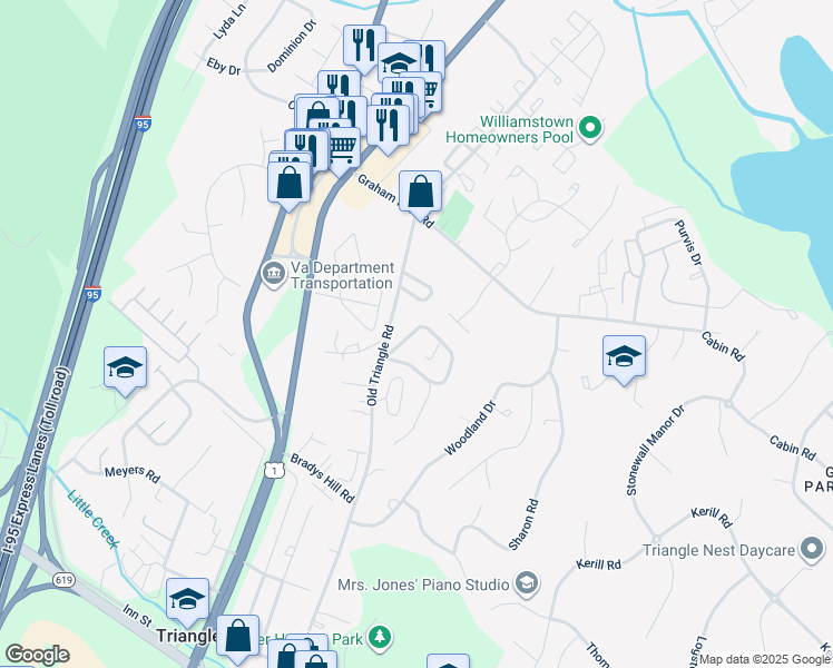 map of restaurants, bars, coffee shops, grocery stores, and more near 3924 Oakdale Circle in Triangle