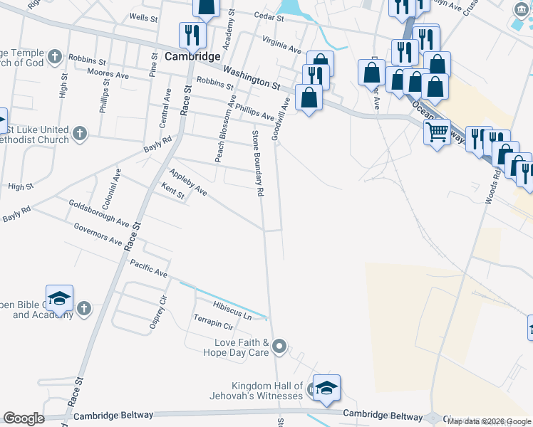 map of restaurants, bars, coffee shops, grocery stores, and more near 1214 Stone Boundary Road in Cambridge