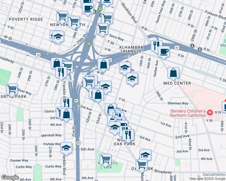 map of restaurants, bars, coffee shops, grocery stores, and more near in Sacramento