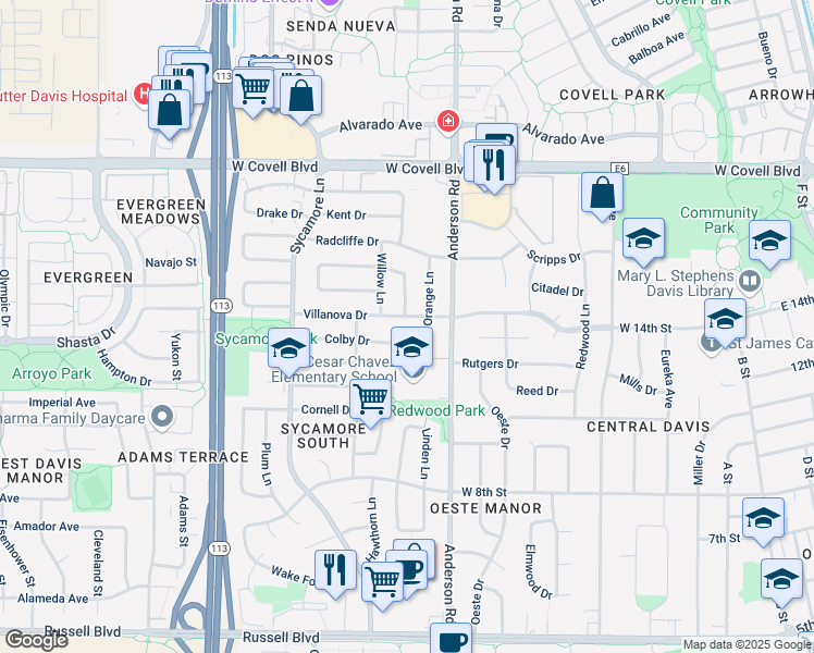 map of restaurants, bars, coffee shops, grocery stores, and more near 914 Villanova Drive in Davis