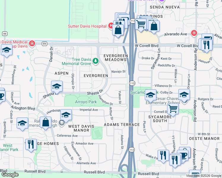 map of restaurants, bars, coffee shops, grocery stores, and more near 1627 Santa Rosa Street in Davis