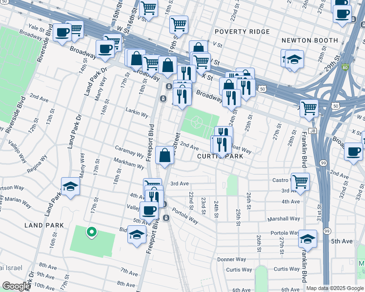 map of restaurants, bars, coffee shops, grocery stores, and more near 2700 Florence Place in Sacramento