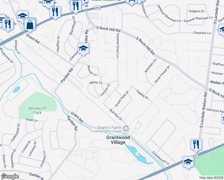 map of restaurants, bars, coffee shops, grocery stores, and more near 9123 General Grant Lane in Saint Louis