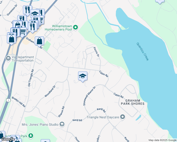 map of restaurants, bars, coffee shops, grocery stores, and more near 16250 Gayle Court in Triangle