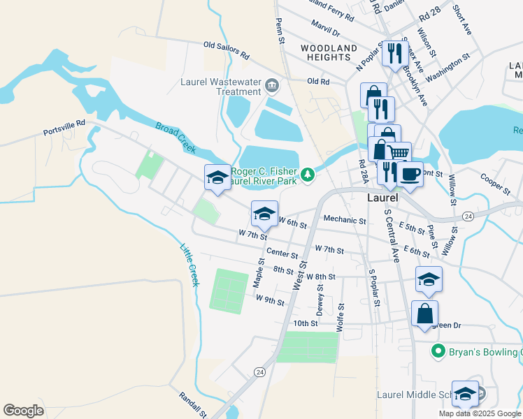 map of restaurants, bars, coffee shops, grocery stores, and more near 415 West 6th Street in Laurel