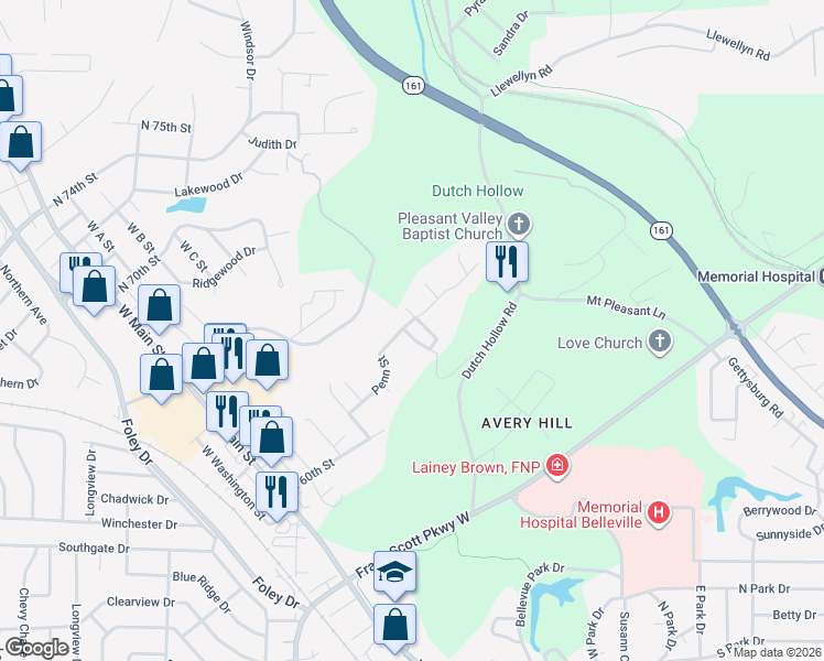 map of restaurants, bars, coffee shops, grocery stores, and more near 526 Penn Street in Belleville