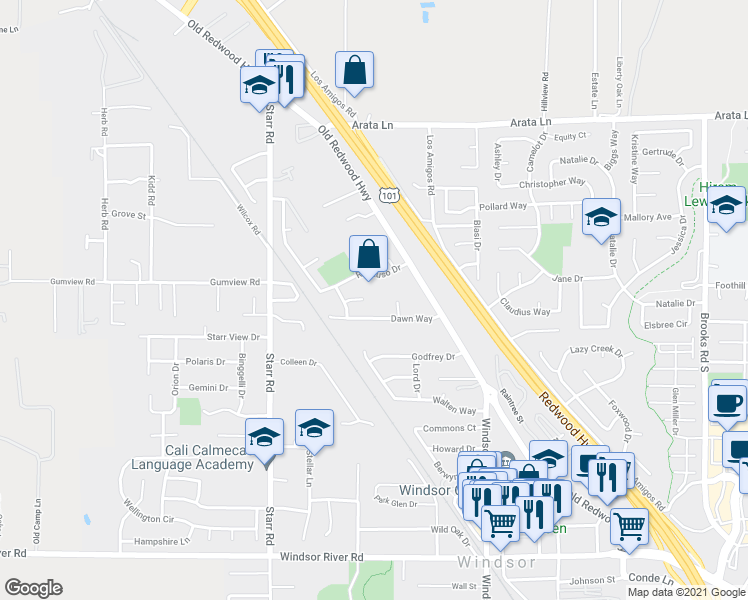 map of restaurants, bars, coffee shops, grocery stores, and more near 421 Cynthia Court in Windsor