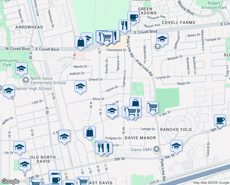 map of restaurants, bars, coffee shops, grocery stores, and more near 1513 Alice Street in Davis