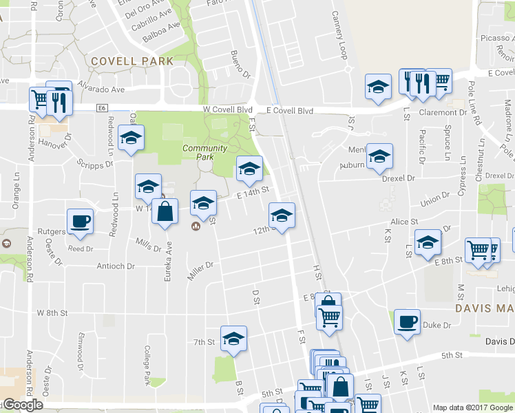 map of restaurants, bars, coffee shops, grocery stores, and more near 1303 Aspen Pl in Davis