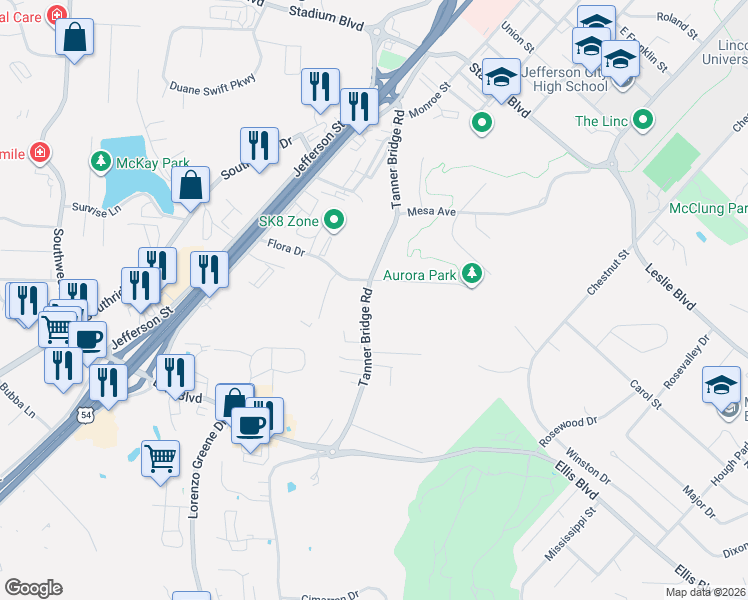 map of restaurants, bars, coffee shops, grocery stores, and more near 1709 Tanner Bridge Road in Jefferson City