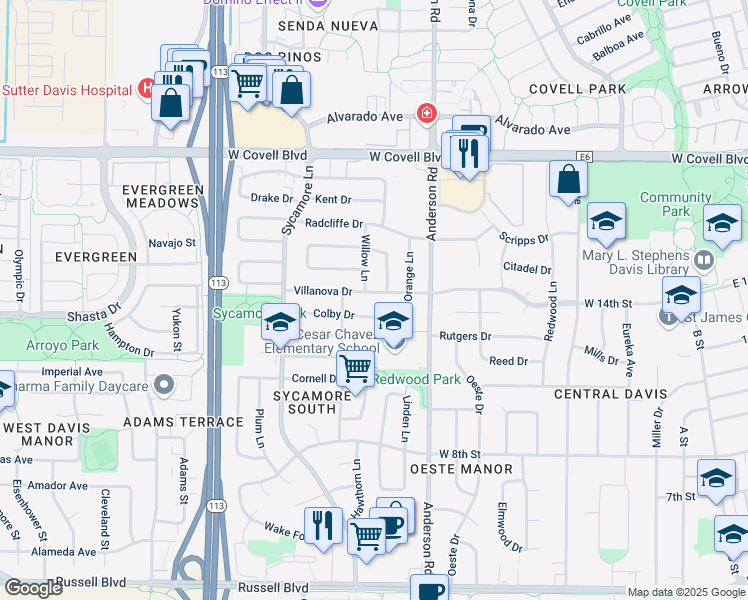 map of restaurants, bars, coffee shops, grocery stores, and more near 914 Villanova Dr in Davis