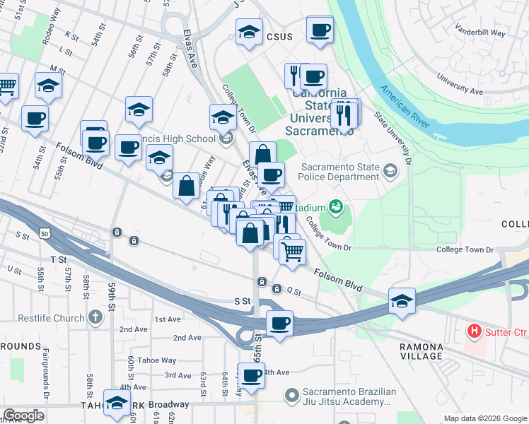 map of restaurants, bars, coffee shops, grocery stores, and more near 1117 64th Street in Sacramento