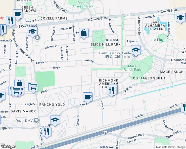 map of restaurants, bars, coffee shops, grocery stores, and more near 1108 Tulip Lane in Davis