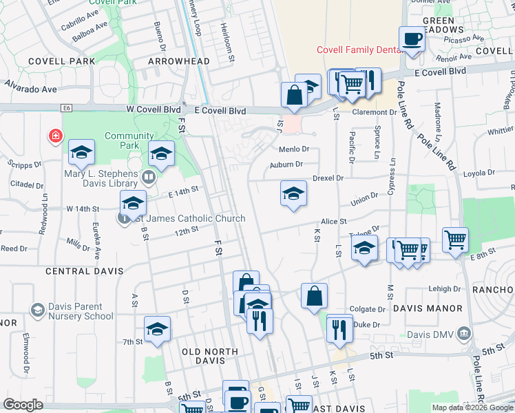 map of restaurants, bars, coffee shops, grocery stores, and more near 1030 J Street in Davis