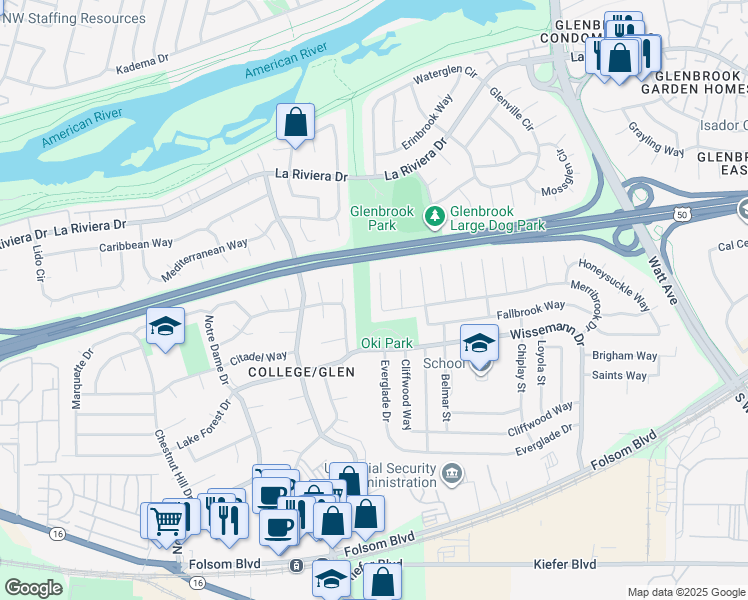 map of restaurants, bars, coffee shops, grocery stores, and more near 2832 Sarina Court in Sacramento
