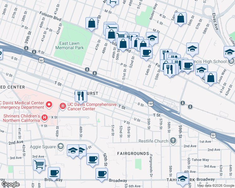 map of restaurants, bars, coffee shops, grocery stores, and more near 1849 51st Street in Sacramento