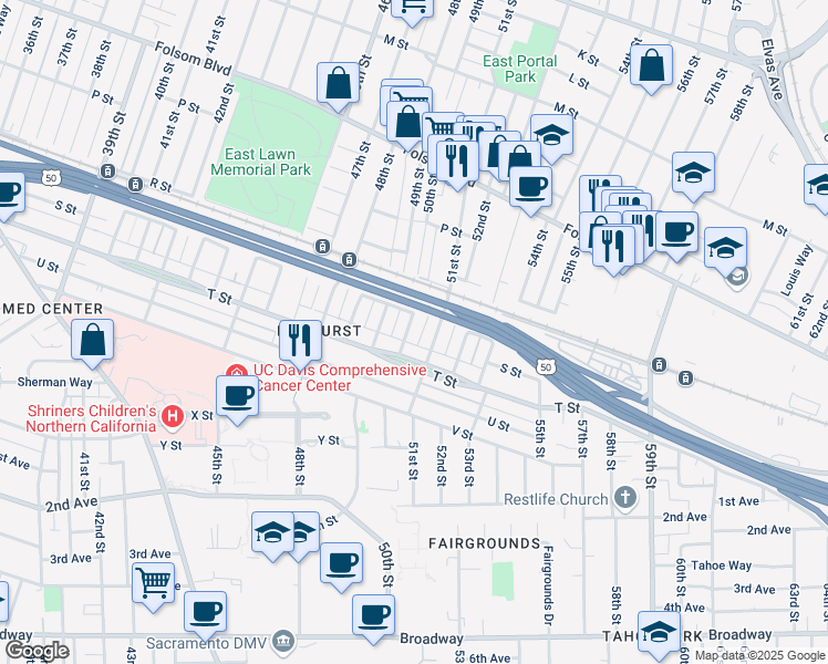 map of restaurants, bars, coffee shops, grocery stores, and more near 1865 50th Street in Sacramento