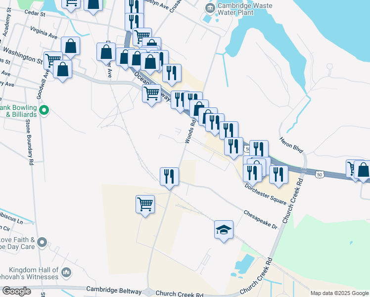 map of restaurants, bars, coffee shops, grocery stores, and more near 857 Woods Rd in Cambridge