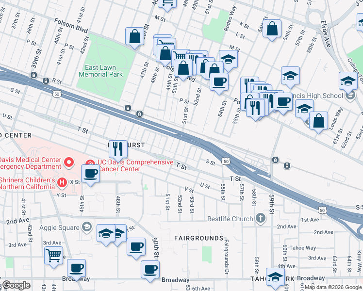 map of restaurants, bars, coffee shops, grocery stores, and more near 1849 51st Street in Sacramento