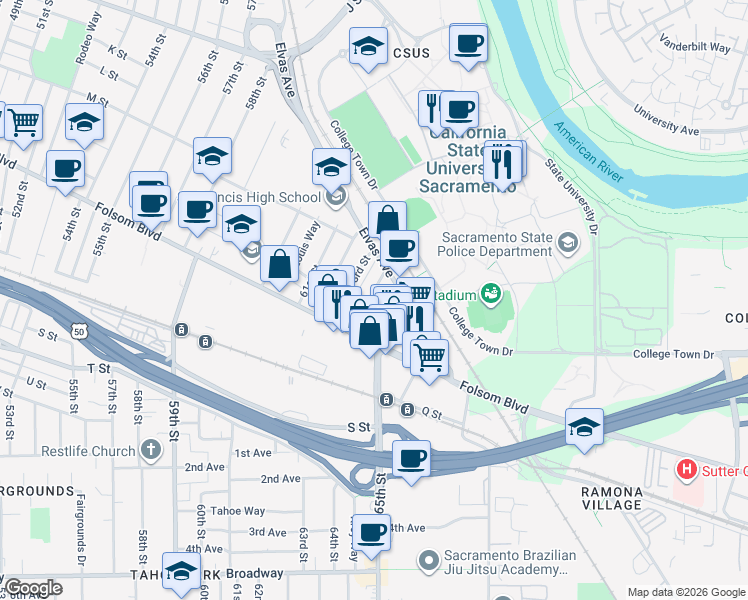 map of restaurants, bars, coffee shops, grocery stores, and more near 1117 64th Street in Sacramento