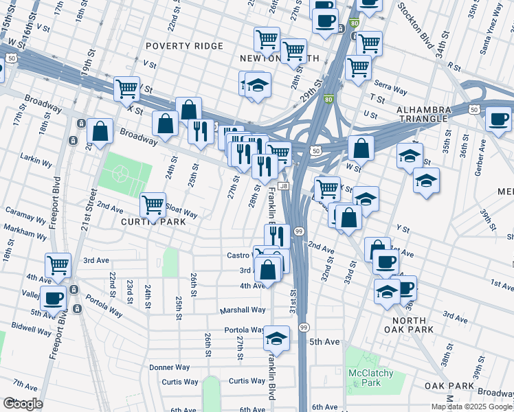 map of restaurants, bars, coffee shops, grocery stores, and more near 2604 28th Street in Sacramento
