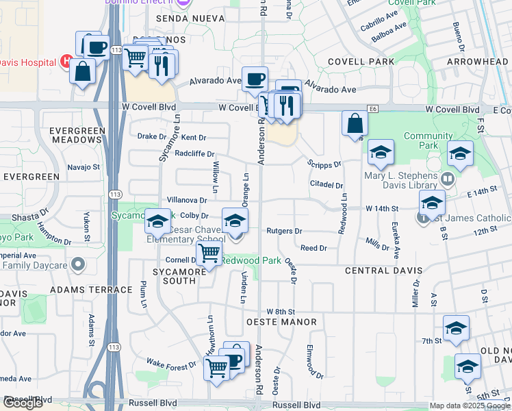 map of restaurants, bars, coffee shops, grocery stores, and more near 704 Villanova Drive in Davis