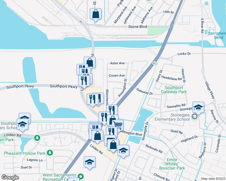 map of restaurants, bars, coffee shops, grocery stores, and more near 2306 Diablo Street in West Sacramento